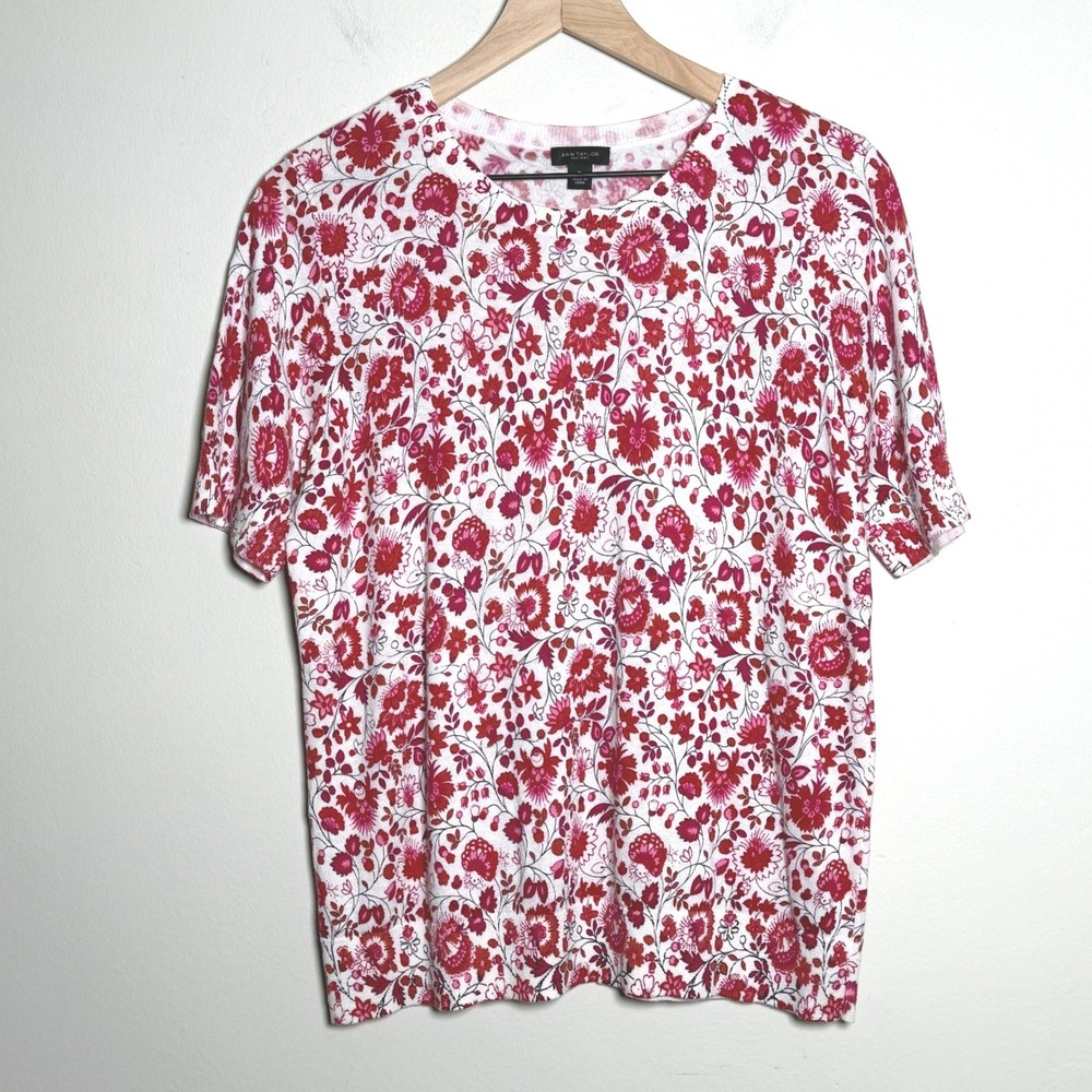 Ann Taylor Factory Womens Cotton Sweater XL Pink Floral Short Sleeve Crew
